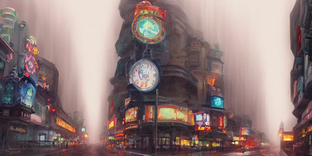 Image similar to street at las vegas, foggy rainy day, matte painting, studio ghibli, artstation