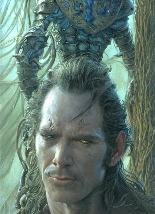 Image similar to a hyperrealistic and detailed paintbrush portrait of a male fantasy character, art by donato giancola and bayard wu and gustav moreau and wayne barlowe, rpg portrait, conan, krull, 8 0's fantasy movies