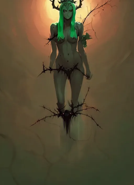 Image similar to cute succubus girl with crown of thorns and horns with runic tattoos, dark fantasy, by atey ghailan, by greg rutkowski, by greg tocchini, by james gilleard, by joe gb fenton, by in kaethe butcher, dynamic lighting, gradient light green, brown, blonde cream and white color in scheme, grunge aesthetic