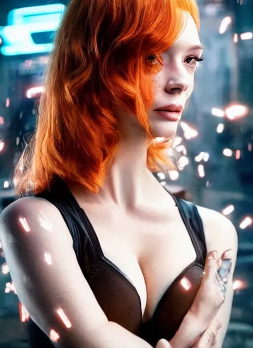 Image similar to facing the camera!!! upper body photograph portrait of a very pretty!!! christina hendricks in cyberpunk 2 0 7 7, dynamic pose, shiny skin, oily, symmetric face!!, petzval lens, sharp focus, smooth, space station. by alesio albi and george lucas and stanley kubrick