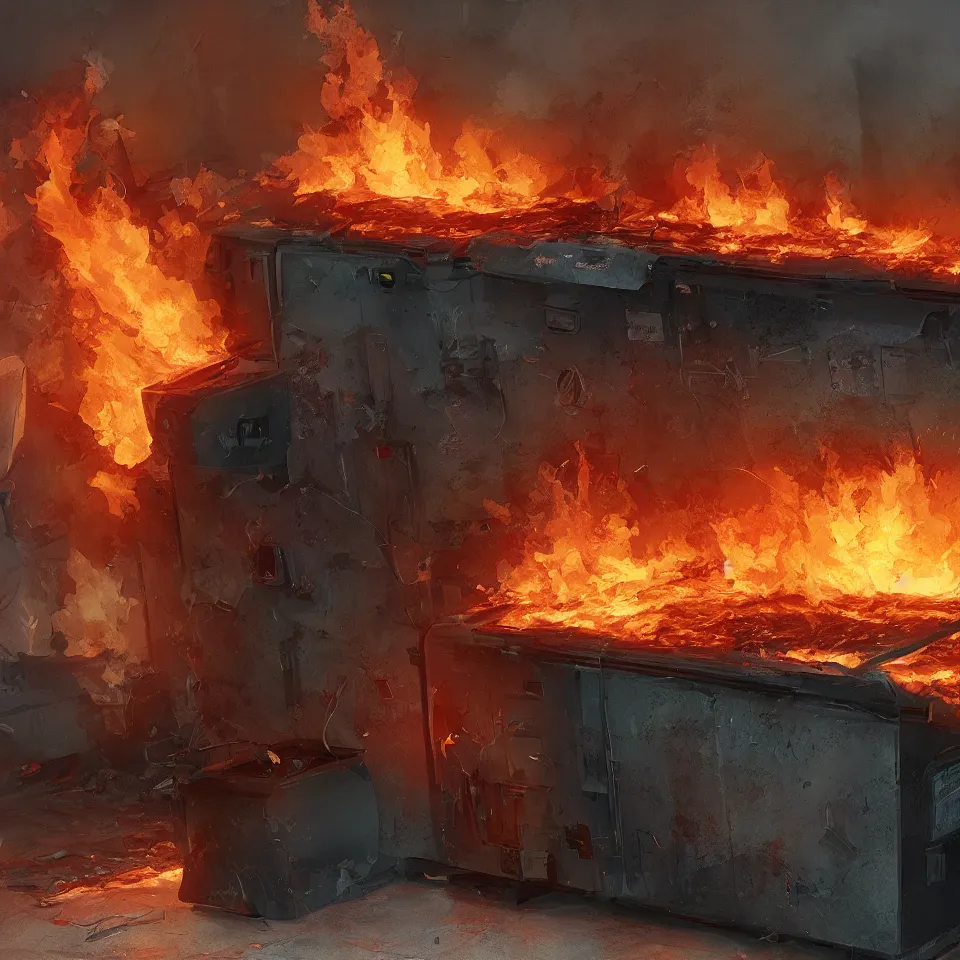Image similar to dalle 2 computer burning on fire in dumpster digitial painting hyper detailed unreal artstation