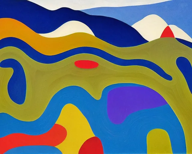 Image similar to A wild, insane, modernist landscape painting. Wild energy patterns rippling in all directions. Curves, organic, zig-zags. Saturated color. Mountains. Clouds. Rushing water. Wayne Thiebaud. Tarsila do Amaral. Zao Wou-ki.