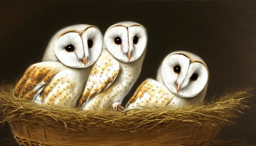 Image similar to highly detailed painting of cute furry white baby barn owls wearing shades cuddling up in a basket by william turner, thick brush strokes and visible paint layers, 4 k resolution