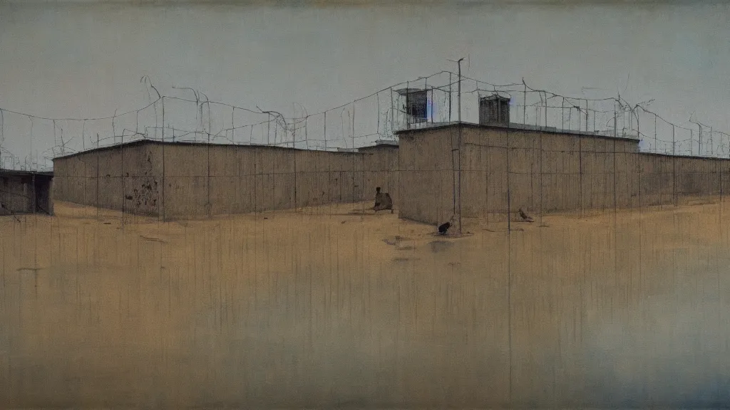 Image similar to a chinese prison near a river by peter doig, muted colors