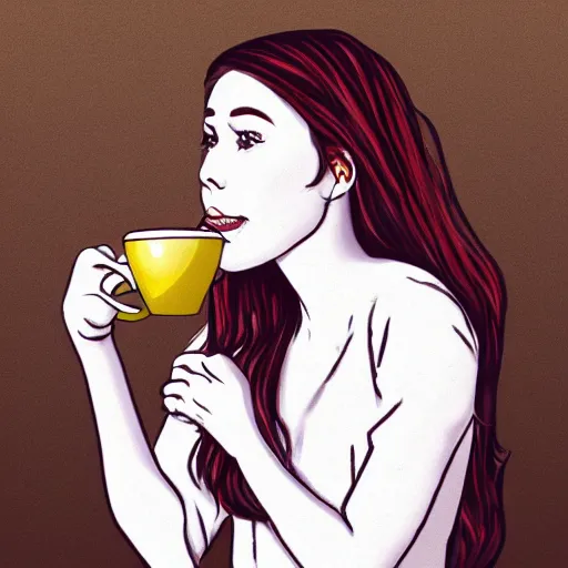 Prompt: hyper realistic illustration maiden drinking a cup of tea