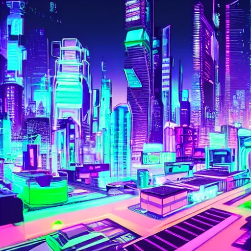 Prompt: cyberpunk city, aqua, green, and purple neon lighting