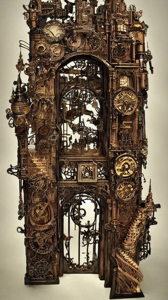 Prompt: fantasy land through gateway, steampunk, highly detailed, intricate