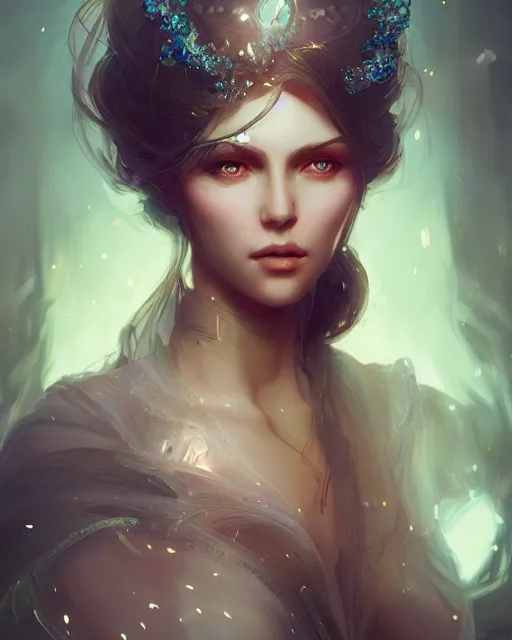 Image similar to Portrait of a beautiful magic woman, character design, fantasy, intricate, cinematic lighting, highly detailed, digital painting, artstation, concept art, smooth, sharp focus, illustration, art by WLOP and Ross Tran