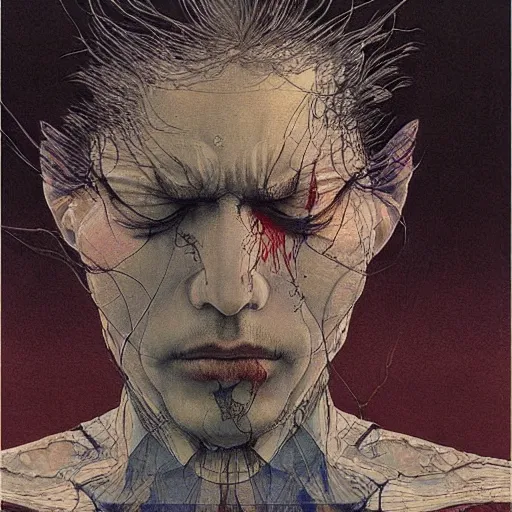 Prompt: a simple concept art portrait of a man in anguish, an award winning yoshitaka amano digital art, by, james gurney and gerhard richter. art by takato yamamoto. masterpiece, deep colours.