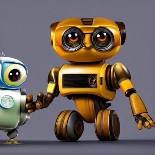 Image similar to two small chubby bots, hyperdetailed colourful, smooth panelling, intricate detail, pushing a battery, style of cute pokemon, with damaged rusty arms, antenna, jerboas, floating, white studio, oil, mechanical, cute toy, wall - e, ambient light, in the style of pixar animation, pokedstudios,, blender, octane render, 8 k,