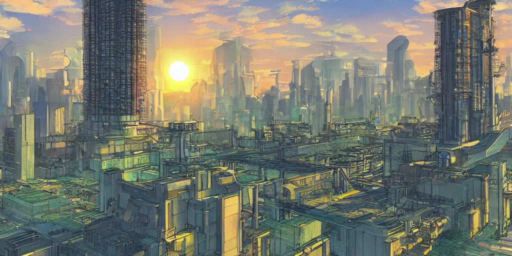 Prompt: Fusion reactor powering a future city, solarpunk, by Studio Ghibli and Edward Hopper