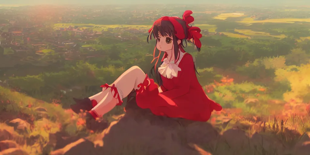 Prompt: reimu sitting on a hill off to the side looking down upon danish town, during dawn, cinematic, very warm colors, intense shadows, anime illustration, anime screenshot composite background