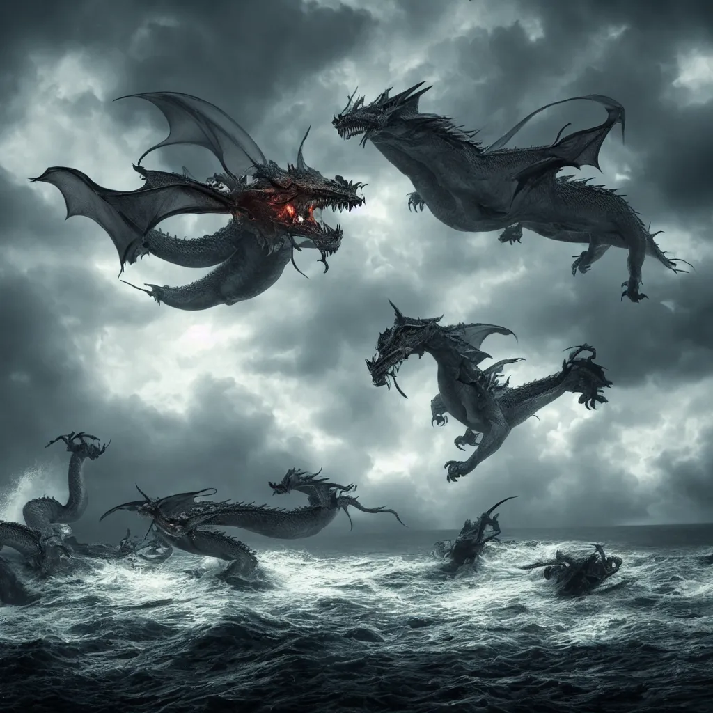 Image similar to a dragon with three heads emerging from the ocean during a storm, dramatic lighting, cinematic, high coherence, hyperrealistic, anatomically correct, path traced, highly detailed, high quality, 8 k hdr, octane render, unreal engine 5, trending on artstation, epic image, turbulent sea, concept art, digital art