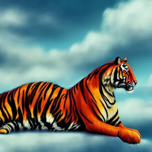 Prompt: tiger horse hybrid floating in the calm sky, trending in artstation, digital art, wow, stunning, high quality, 1 6 k, intrincate, very detailed, velvet fur