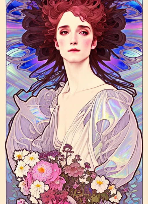 Prompt: sophie howl's moving castle, rococo and art nouveau fusion, iridescent diaphanous refractive and reflective flower bouquet, tarot card, highly detailed, deep focus, elegant, digital painting, smooth, sharp focus, illustration, ultra realistic, 8 k, art by artgerm and alphonse mucha