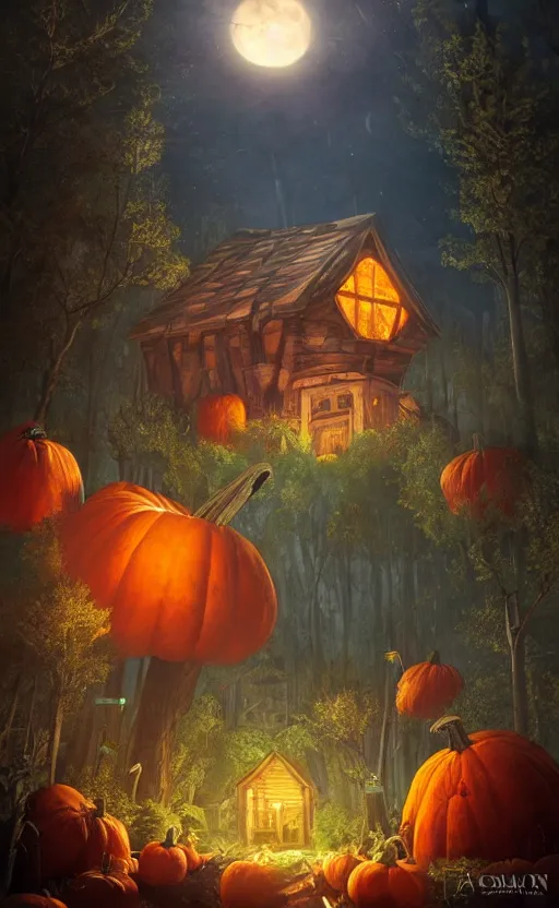 Image similar to a giant pumpkin cabin in the middle of a forest at night, the lights are on, dynamic lighting, photorealistic fantasy concept art, trending on art station, stunning visuals, creative, cinematic, ultra detailed