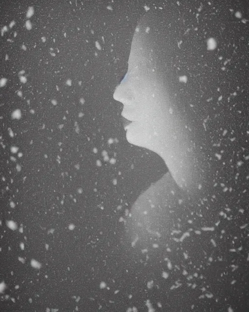 Image similar to a woman's face in profile, made of a snow capped Swiss mountain, in the style of the Dutch masters and Gregory Crewdson, dark and moody