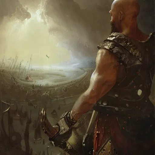 Image similar to painting of kratos in valhalla by hieronymus bosch, greg rutkowski, anna podedworna