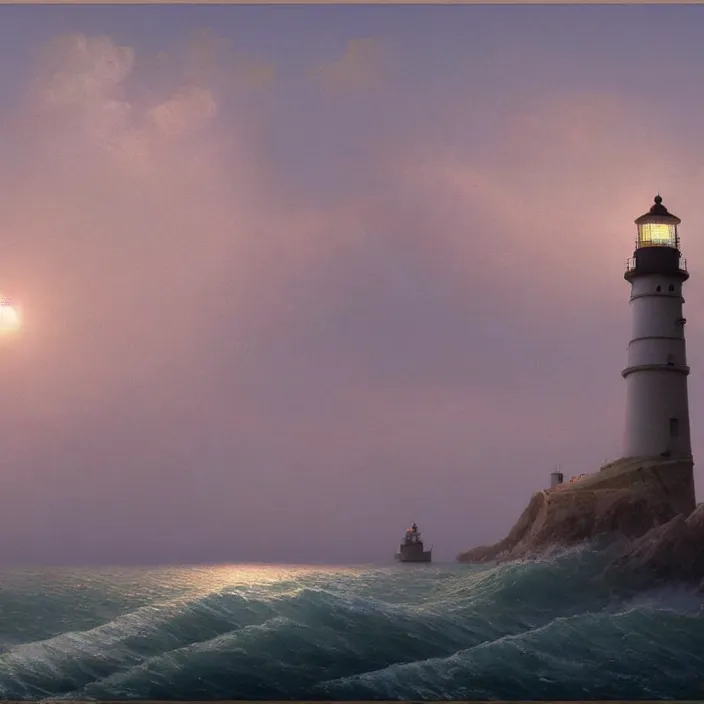 Image similar to a beautiful painting of a lighthouse on the sea, sunset by ivan aivazovsky and zdzisław beksinski and rene magritte and greg rutkowski and james gurney, in style of digital art. hyper detailed, sharp focus, soft light. octane render. maya. ray tracing. trending on artstation
