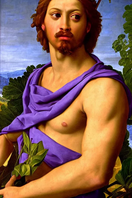 Image similar to renaissance painting of spartan, portrait, face closeup, emotions closeup, dressed in spartan armour, the beautiful garden with liliac bush everywhere, ultra detailed, art by guido reni style, vincenzo catena style