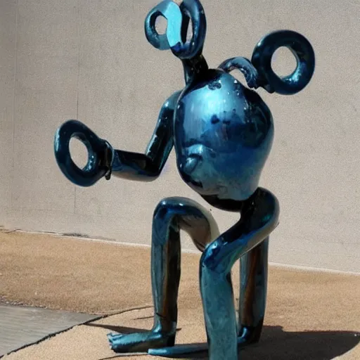 Prompt: a weird conterporary art sculpture from blue furr and metal