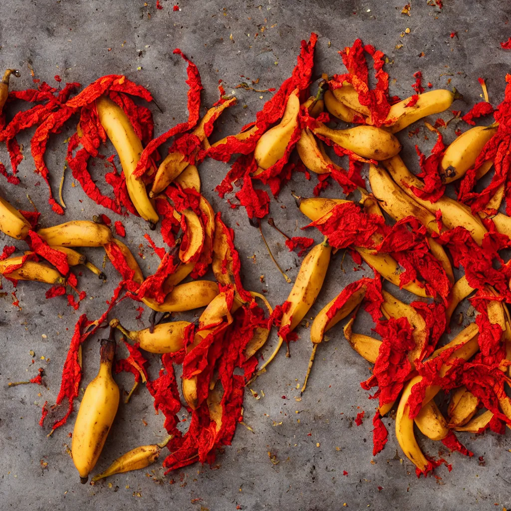 Prompt: fat banana in the shape of dried red pepper and potato flowers, closeup, hyper real, food photography, high quality