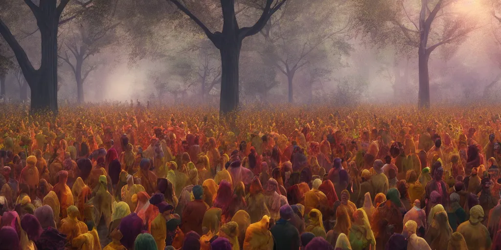 Image similar to Photorealistic crowd of lurching people made from colorful fungus approach. a gentle rising mist. occult photorealism, UHD, amazing depth, glowing, golden ratio, 3D octane cycle unreal engine 5, volumetric lighting, cinematic lighting, cgstation artstation concept art