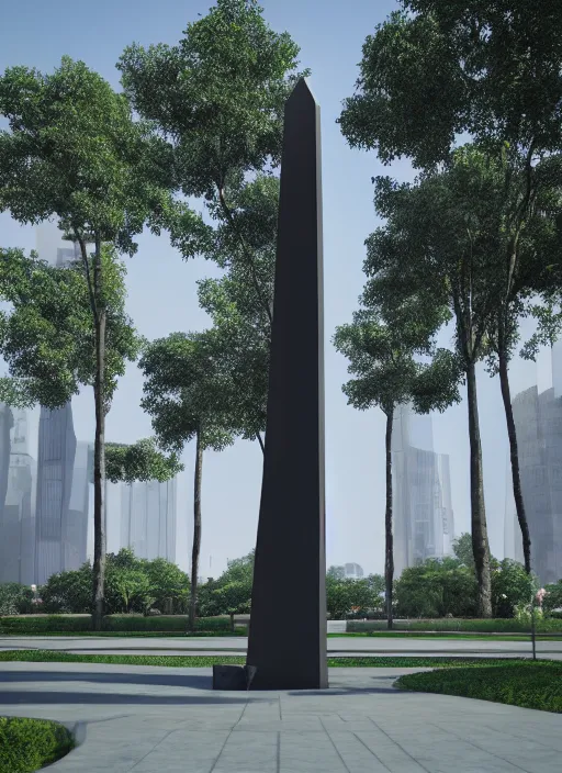 Prompt: highly detailed realistic architecture 3 d render of a futuristic stele monument in ieoh ming pei style standing in city park, archdaily, made in unreal engine 4 octane render