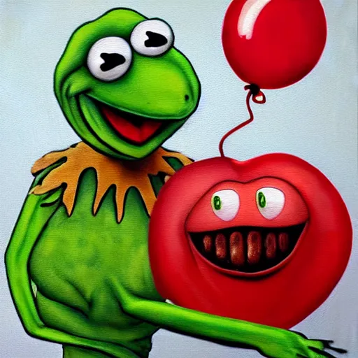 Image similar to grunge painting of kermit the frog with a wide smile and a red balloon by chris leib, loony toons style, pennywise style, corpse bride style, horror theme, detailed, elegant, intricate