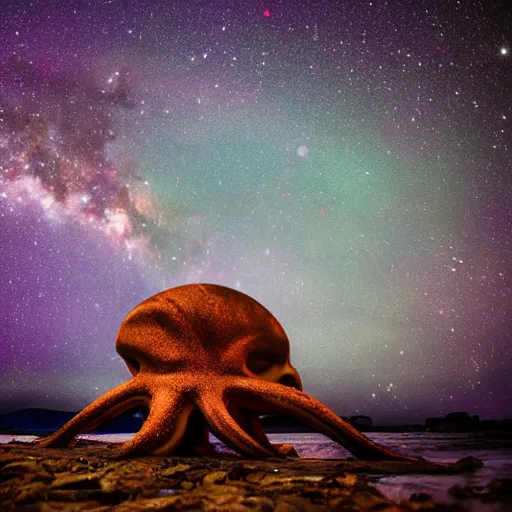 Image similar to a giant octopus made of star dust in floating among the galaxies of the milky way, night sky photography, geo