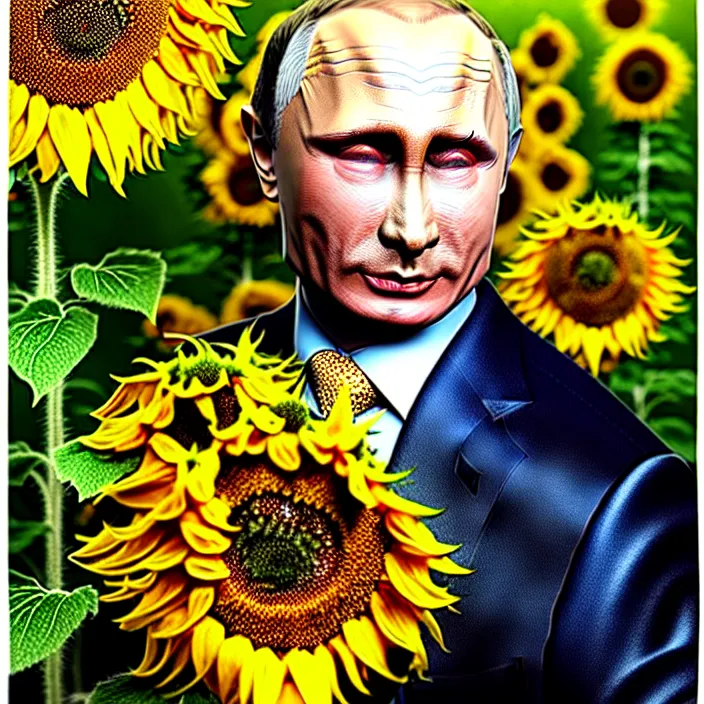 Image similar to photo portrait of Vladimir Putin - sunflowers - dressed in leisure suit with ornamental ethereal sunflower pattern, natural skin tone, highly detailed realistic flowers ornament in the upper side of breast, hair, eyebrows and wrinkles are intricate with highly detailed realistic flowers, elegant, Realistic, Refined, Highly Detailed, natural soft pastel lighting colors scheme, fine art photography by Cecil Beaton, volumetric lighting, hyper realistic photography