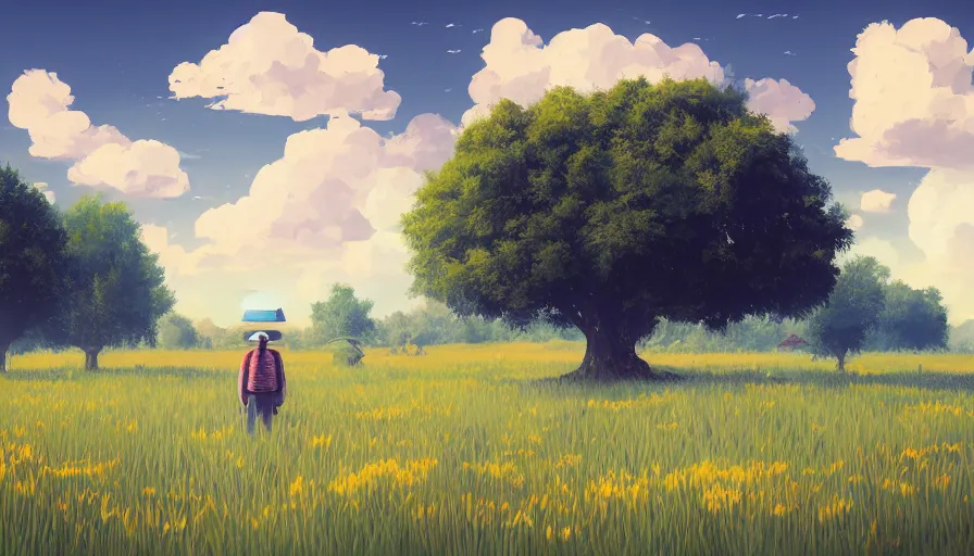 Prompt: hexagon in the sky, field with grass and flowers, clouds, big tree, person, matte painting, art station, blue sky, simon stalenhag