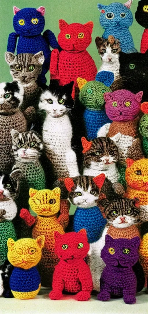 Prompt: multicolored crocheted cyborg cats, 1 9 8 0 s catalogue photo