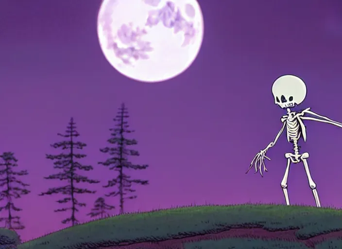 Image similar to a still from a studio ghibli movie of a purple cloaked skeleton necromancer from moomin ( 1 9 9 7 ), in front of a pale full moon, full body, wide shot, very dull muted colors, studio ghibli, highly detailed, deviantart, art by artgem