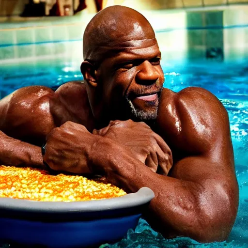 Prompt: terry crews swimming in a pool of salsa, cinematic lighting