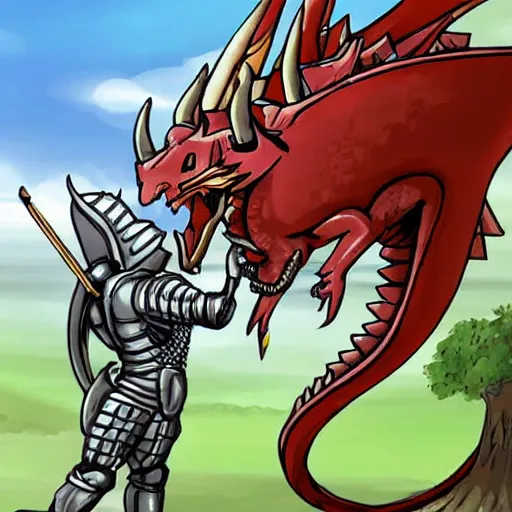 Prompt: a masculine male knight kissing a dragon.