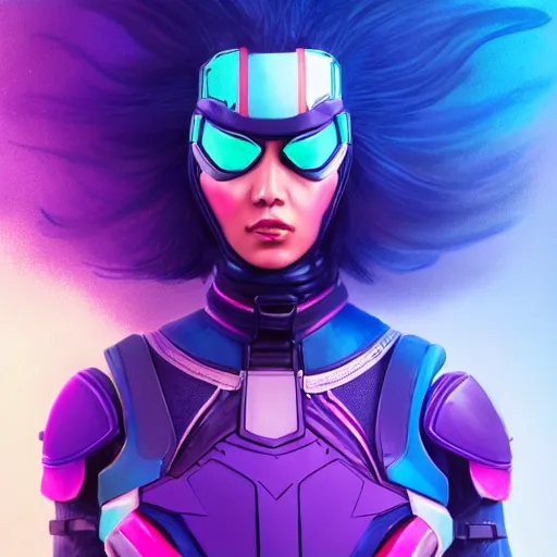 Image similar to a stunning upper body portrait of a beautiful young woman wearing futuristic navy blue and teal battle bodyarmor and pauldrons and ombre purple and pink hairstyle with hair blowing in the wind, by marvel comics, outrun, vaporware, highly detailed, fine detail, intricate, digital art, trending on artstation