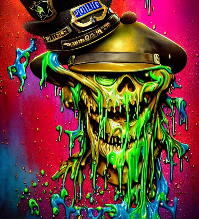 Image similar to beautiful 3 5 mm photograph of a slimy rotting zombie wearing a police uniform and police hat covered in colorful wet goop, dripping with colorful liquid, policeman, cop, biocop, intricate details, dark ambient, service cap, atmospheric, movie poster, poster, horror, elegant, super highly detailed, professional digital photo, artstation, concept art, 8 k