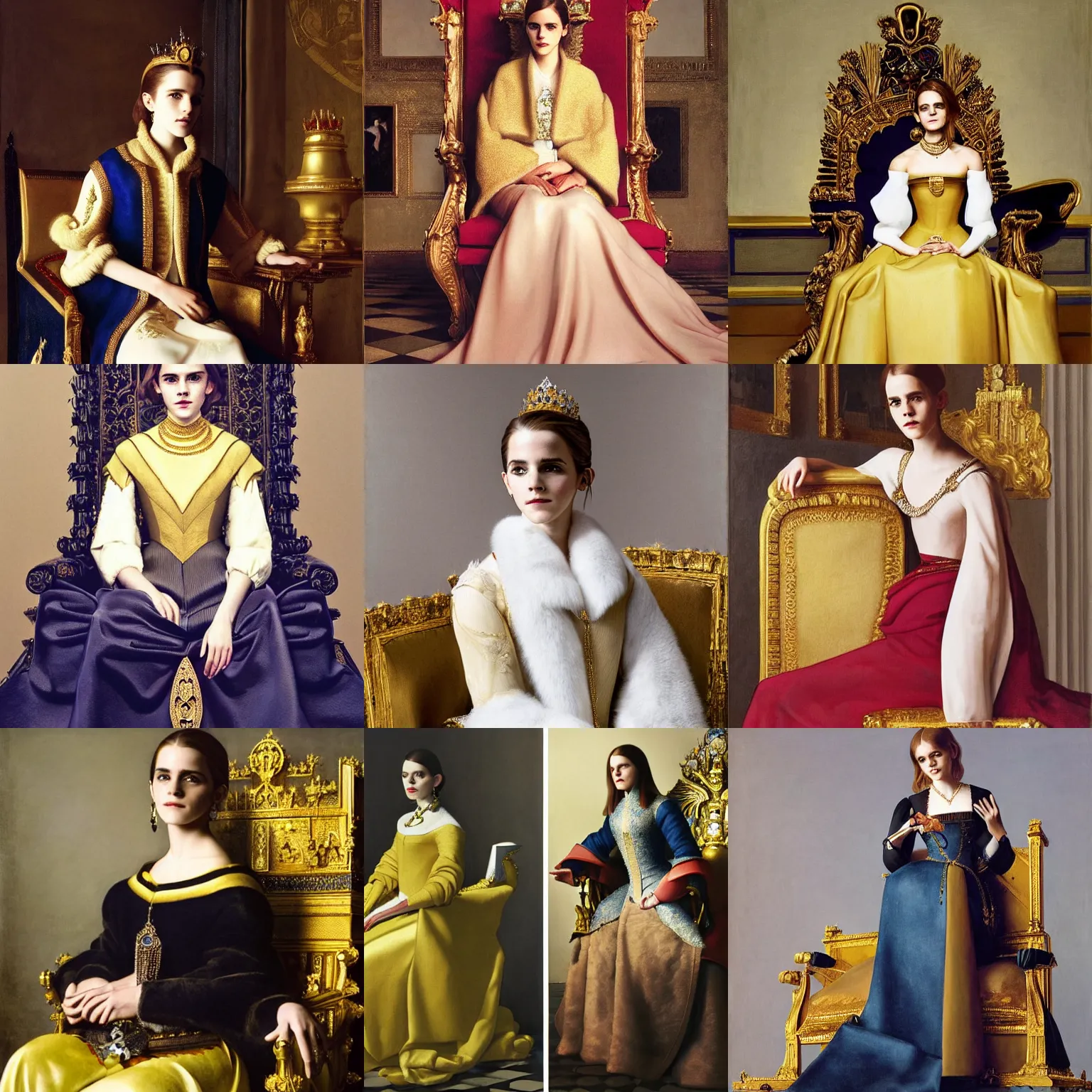 Prompt: model Emma Watson sitting on queens throne royalty wearing royal mantle gold jewelry by moebius and atey ghailan by james gurney by vermeer by George Stubbs