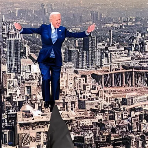 Prompt: joe biden as a giant stepping on a city, hyper realistic, highly detailed