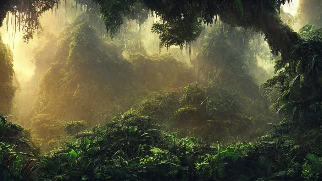 Prompt: deep jungle from another world, beautiful jungle landscape, dramatic lighting, floating plants, cinematic, establishing shot, extremly high detail, photorealistic, cinematic lighting, post processed, concept art, artstation, matte painting, style by greg rutkowsky
