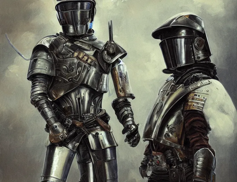 Prompt: a detailed portrait painting of a lone bounty hunter wearing combat armour and a reflective visor. Head and chest only. Dieselpunk elements. Movie scene, cinematic sci-fi scene. Flight suit, cloth and metal, accurate anatomy. Samurai influence, knight influence. fencing armour. portrait symmetrical and science fiction theme with lightning, aurora lighting. clouds and stars. Futurism by moebius beksinski carl spitzweg moebius and tuomas korpi. baroque elements. baroque element. intricate artwork by caravaggio. Oil painting. Trending on artstation. 8k