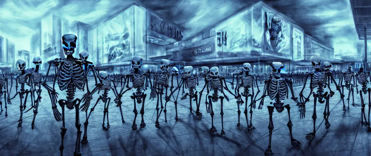 Image similar to hyperrealistic skeleton army mall in background ute osterwald jason limon concept art dramatic blue lighting wide angle hd 8k sharp shallow depth of field