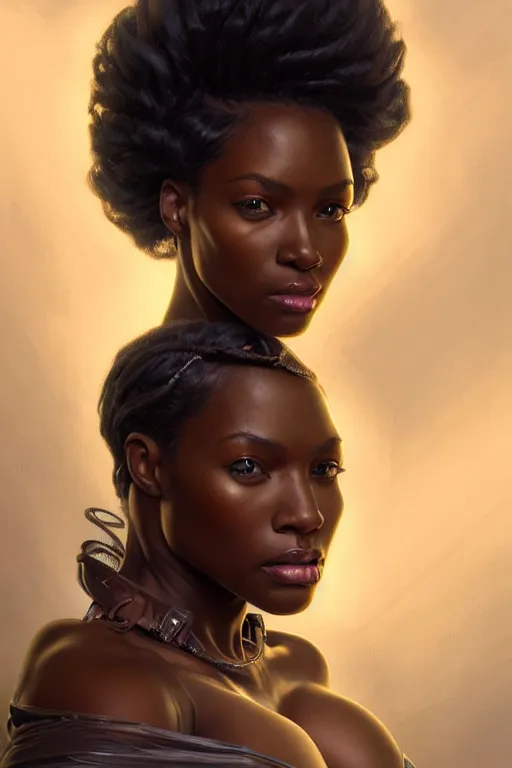 Prompt: clear portrait of a black attractive women, cottagecore!!, background hyper detailed, character concept, full body, dynamic pose, glowing lights!! intricate, elegant, highly detailed, digital painting, artstation, concept art, smooth, sharp focus, illustration, art by artgerm and greg rutkowski and alphonse mucha