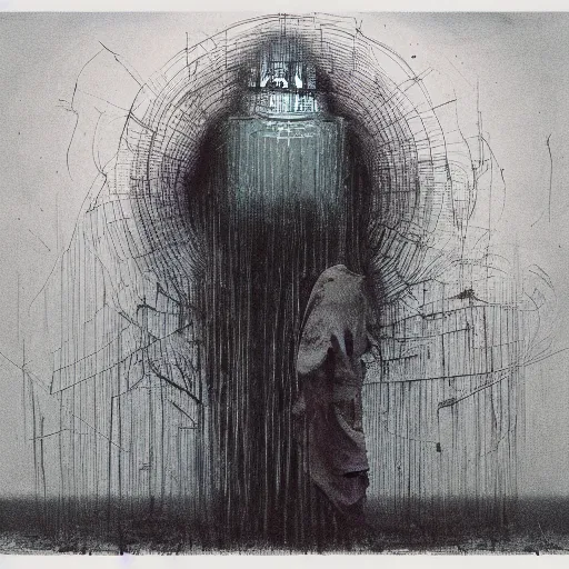 Image similar to robot ghost, glitch distortion, unbearable anxiety, tension, man just out of frame, by Stephen Gammell and Beksinski and Stalenhag.