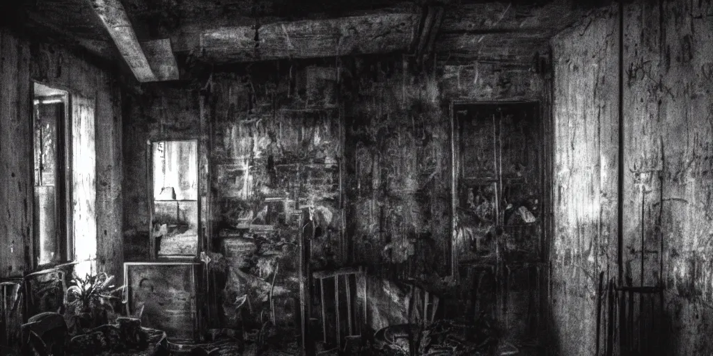 Image similar to nighttime, a very dark room at night lit only by candlelight, black and white, grungy