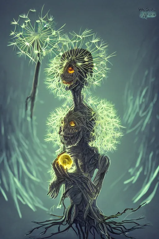 Image similar to a glowing humanoid figure dandelion monster with large glowing eyes, highly detailed, digital art, sharp focus, trending on art station, artichoke, anime art style