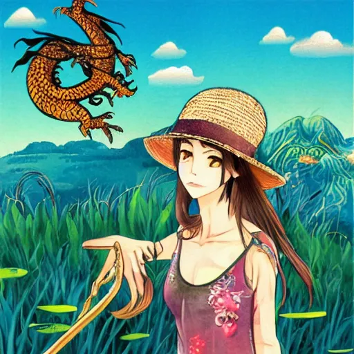 Image similar to manga art girl in straw hat with dragon tatoo with lights traveling around swamp in boat