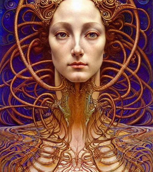 Image similar to detailed realistic beautiful young cher queen of mars portrait by jean delville, gustave dore and marco mazzoni, art nouveau, symbolist, visionary, baroque, iridescent fractal details. horizontal symmetry by zdzisław beksinski, iris van herpen, raymond swanland and alphonse mucha. highly detailed, hyper - real, beautiful