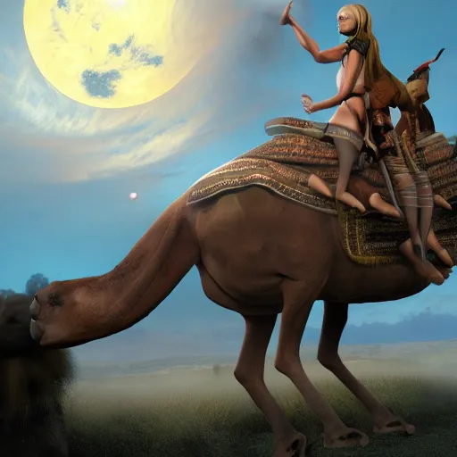 Prompt: a femboy riding on the back of a camel, concept art by terry oakes, deviantart contest winner, dark fantasy art, daz 3 d, concept art, hellish